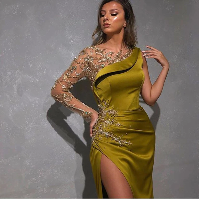 Robe de Rhsirène sexy, tenue de soirée en satin, à fente haute, avec perles, 2024