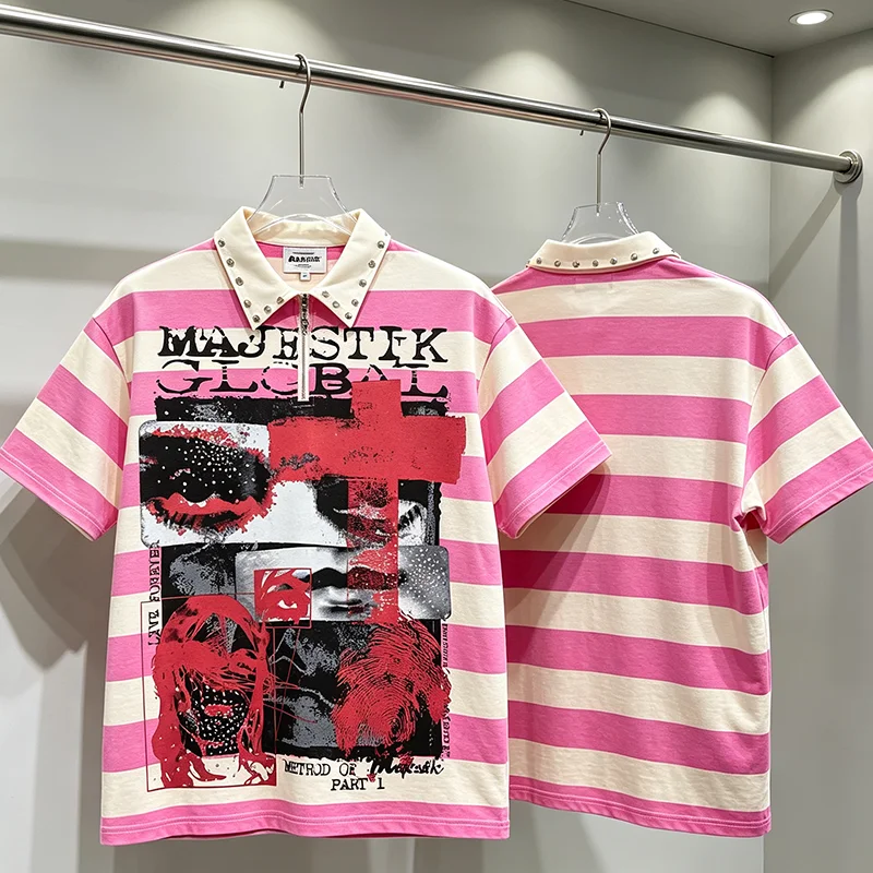Mens MAJESTIK Pink White Striped Short Sleeve Polo Rhinestone Collar Abstract Collage Art Print Shirt