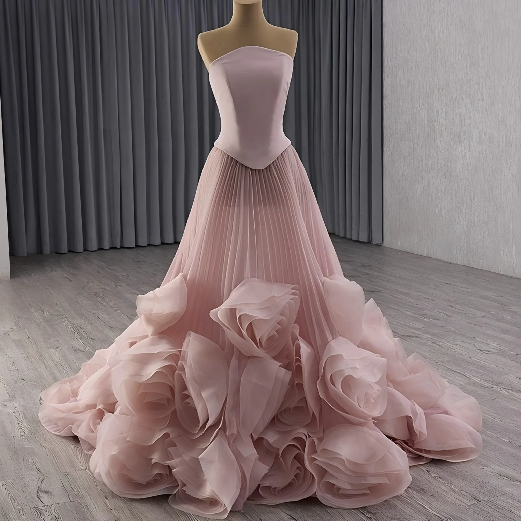 فستان رسمي طويل بدون حمالات من Rosymae مع كشكشة وزهور ثلاثية الأبعاد فستان حفلات أنيق لحفلات الزفاف ومناسبات الشاطئ والحفلات #5