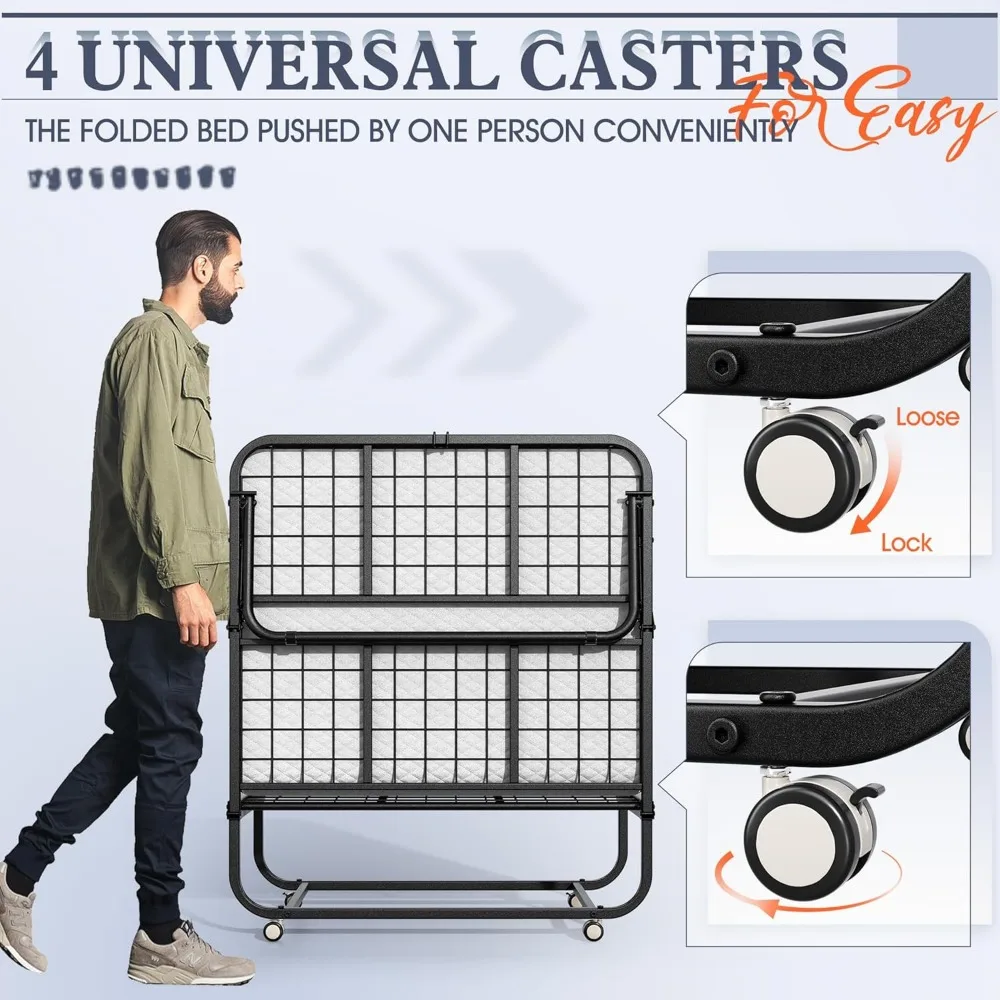 سرير قابل للطي مع مرتبة، مرتبة إسفنجية الذاكرة بسمك 75 بوصة × 31 بوصة - 5 بوصة، سرير محمول بحجم المهد للبالغين، إطار سرير معدني على Whe