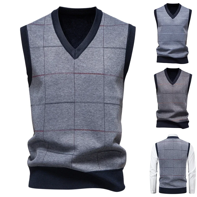 Men's Knitted Warm Sweater in Autumn and Winter V-neck Vest Diamond Grid Twisted Flower Casual Fashion Versatile Top