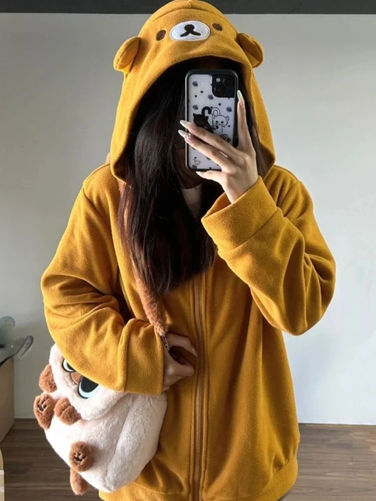 Houzhou kawaii zip up hoodies feminino japonês menina estilo preppy bonito urso camisolas doce lolita bordado topos de grandes dimensões