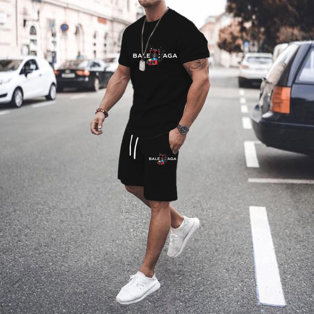 2024New Men's T-shirt and Shorts Two Piece Set Breathable Sportswear Brand Run Fitness Casual Clothes Sport Top Tee