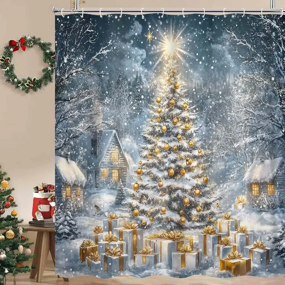 

Sparkling Christmas Tree Shower Curtain, Winter Grey Glitter Xmas Tree Bathroom Bathtubs Decor, Christmas Fabric Shower Curtain