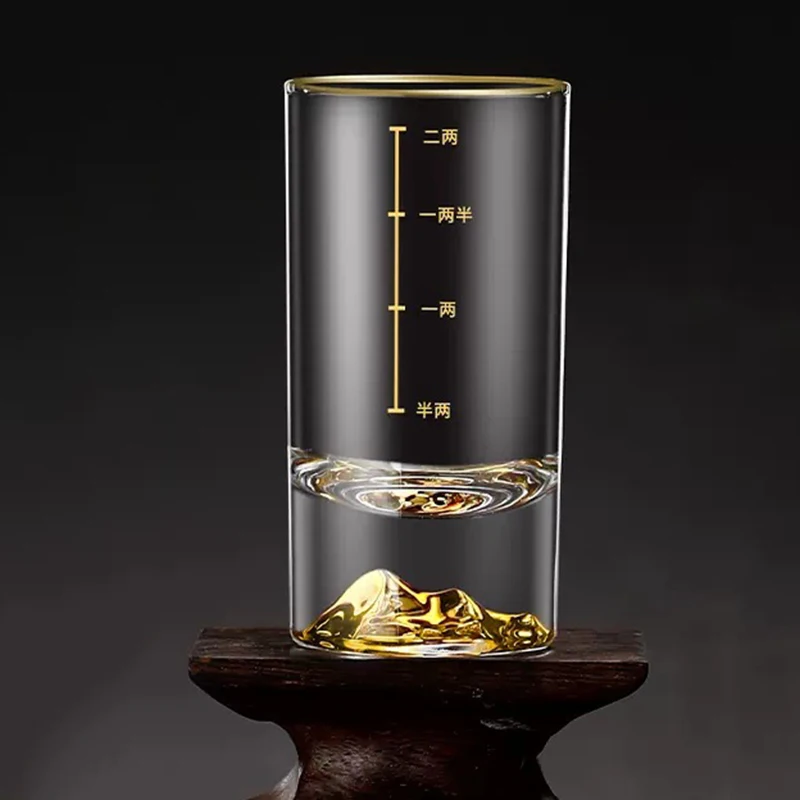 6pcs Set 3.4oz 100ml Classic Brandy Glasses Thick Bottomed Golden Mountain Glass Transparent Liquor Cup with Golden Scale Line
