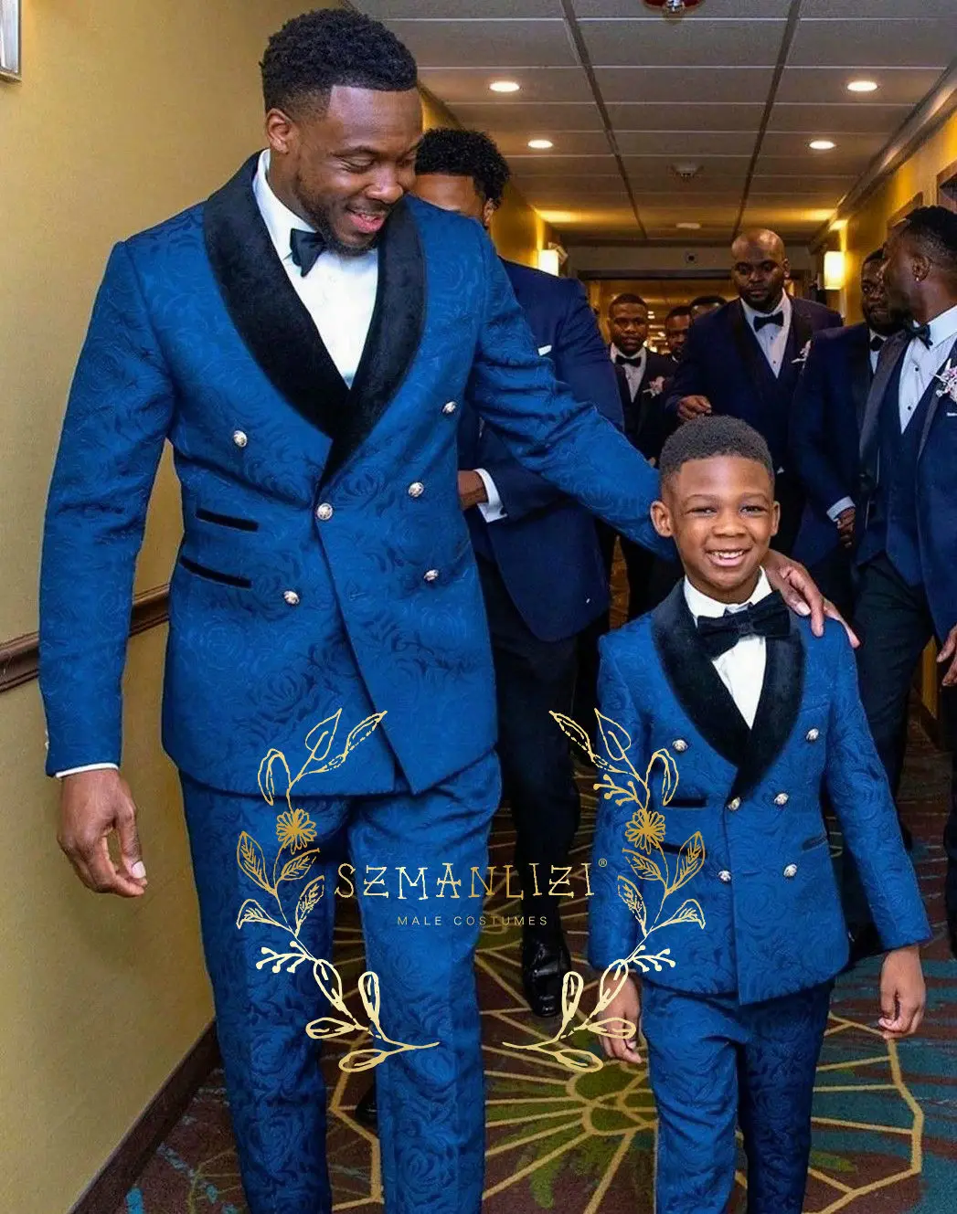 2023 Royal Blue Jacquard Boys Suits For Weddings Kids Double Breasted Blazer Pants 2Pcs Outfit Flower Children Tuxedo Costume