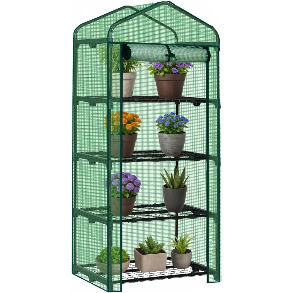 

Mini Greenhouse, Small PE Plant Green House with 4 Tiers Rack, Shelf Clips, Roll-up Zipper Door, Gardening Supplies