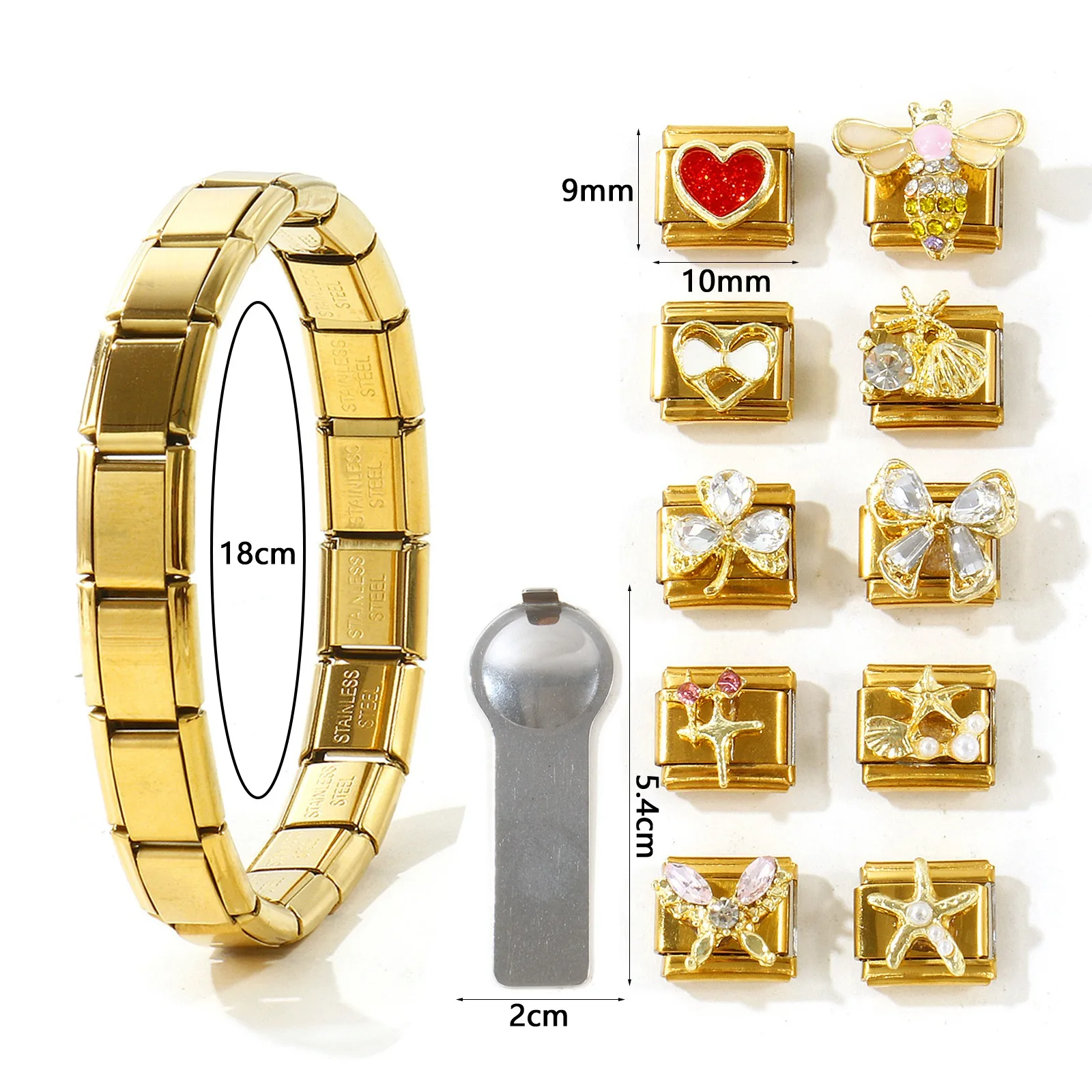 1 Set 9mm italienisches Charm-Armband Starter-Kit aus 304 Edelstahl, vergoldet, 10 Stück Strass-Charms, Werkzeug zum Entfernen, DIY-Schmuck – Detail 1