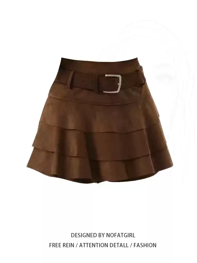 High Waist Cake Skirt Women's Loose A-Line  Skirt plus Size Slimming Coffee Color Warmth Heating Inner Lined No 