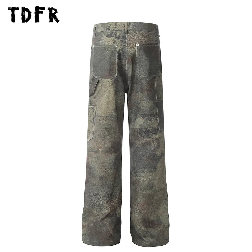 Camouflage Carpenter Pant Mens Multi-Pocket Safari Style Straight Loose Cargo Trousers Men