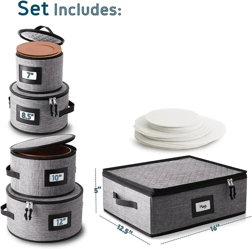 5-Piece Quilted Dish Storage Set, Felt Dividers, for Plates & Mugs, Grey, Moving & Organizing - view 2