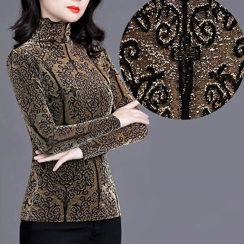 2023 autunno inverno donna Retro Graphic peluche spessa Basic top moda elegante collo alto manica lunga Slim T Shirt Ropa De Mujer