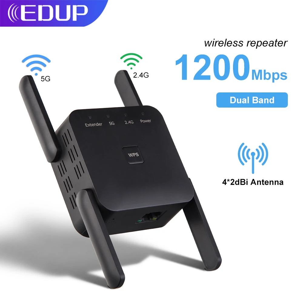 EDUP 1200Mbps WiFi Repeater Extender One Click WPS Dual Band 4 Antennas Wireless WiFi Repeater Network Extender Long Range Home