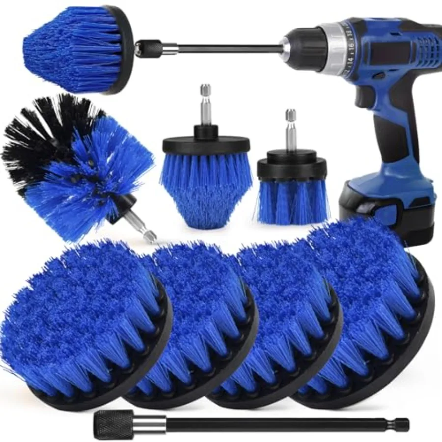 8 PackDrill Brush Attachment Set, 1/4in Power Scrubber Brush + Extend Long Rod, Brush Drill Attachment, Power Cleaning Scrub Br