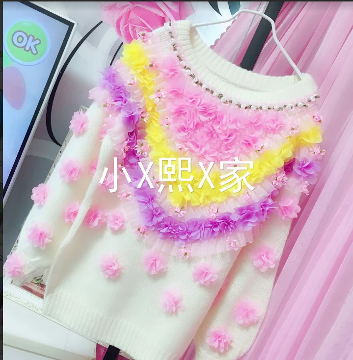 

Rhinestone Sweater Woman Autumn Winter 2024 2023 Handmade Crochet Flower Cherry Knit Tops Sweet Women's Long Sleeve Wool Coats