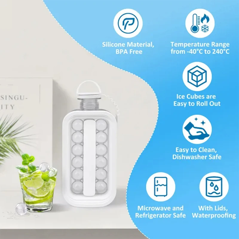 Ice Cube Tray 2-In-1 Portable Puck Making Water Bottle 17-Grid Silicone Ice Mold Folding Ice Cube Maker Home Kitchen Bar Gadgets
