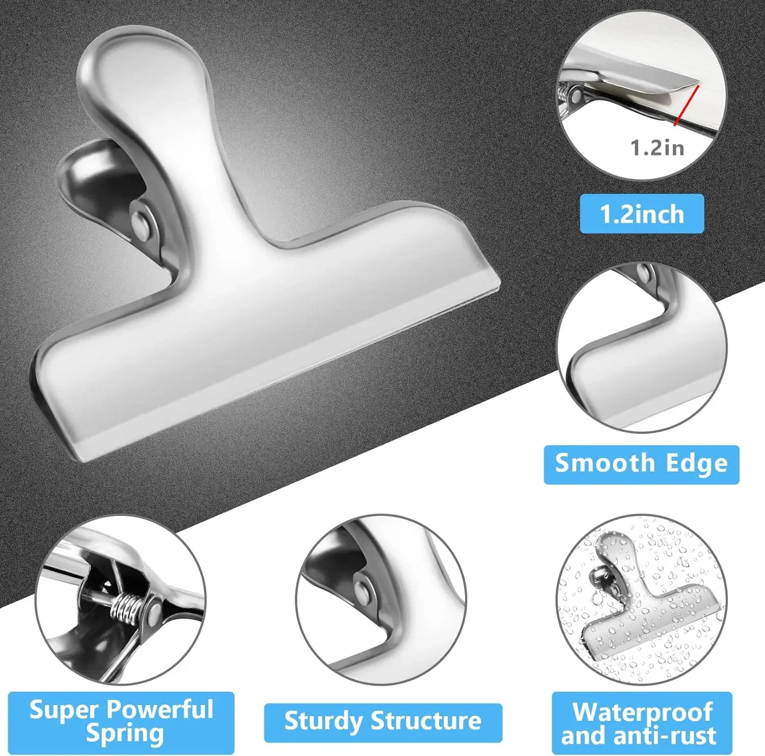 Stainless Steel Clips, Chip Bag Clips Heavy Duty Food Clips Round Edge Air Tight Seal Grip for Office Kitchen Home Usage Storage