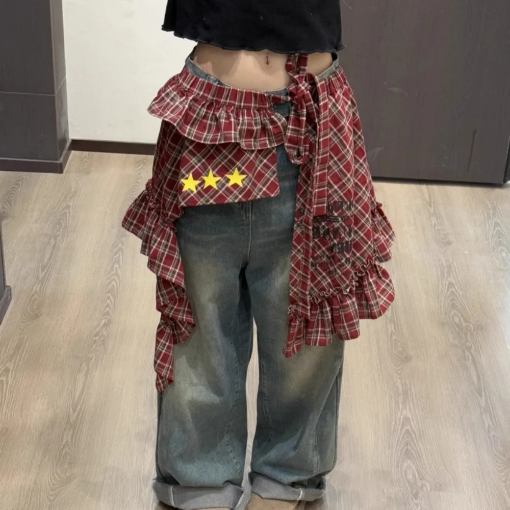 Abiti a strati di stelle Gonna scozzese Hip-hop Dolce pizzo Sciarpa sui fianchi Stile coreano Y2K Bordo arricciato Cintura Accessori per la vita