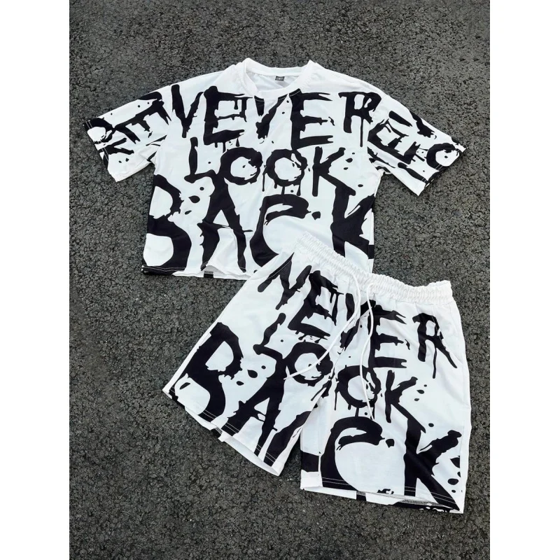 2025 Nwe Men's Youthful Street INS Black And White Color Block Oversized Letter Splash Ink Graffiti Digital Print Short Lo