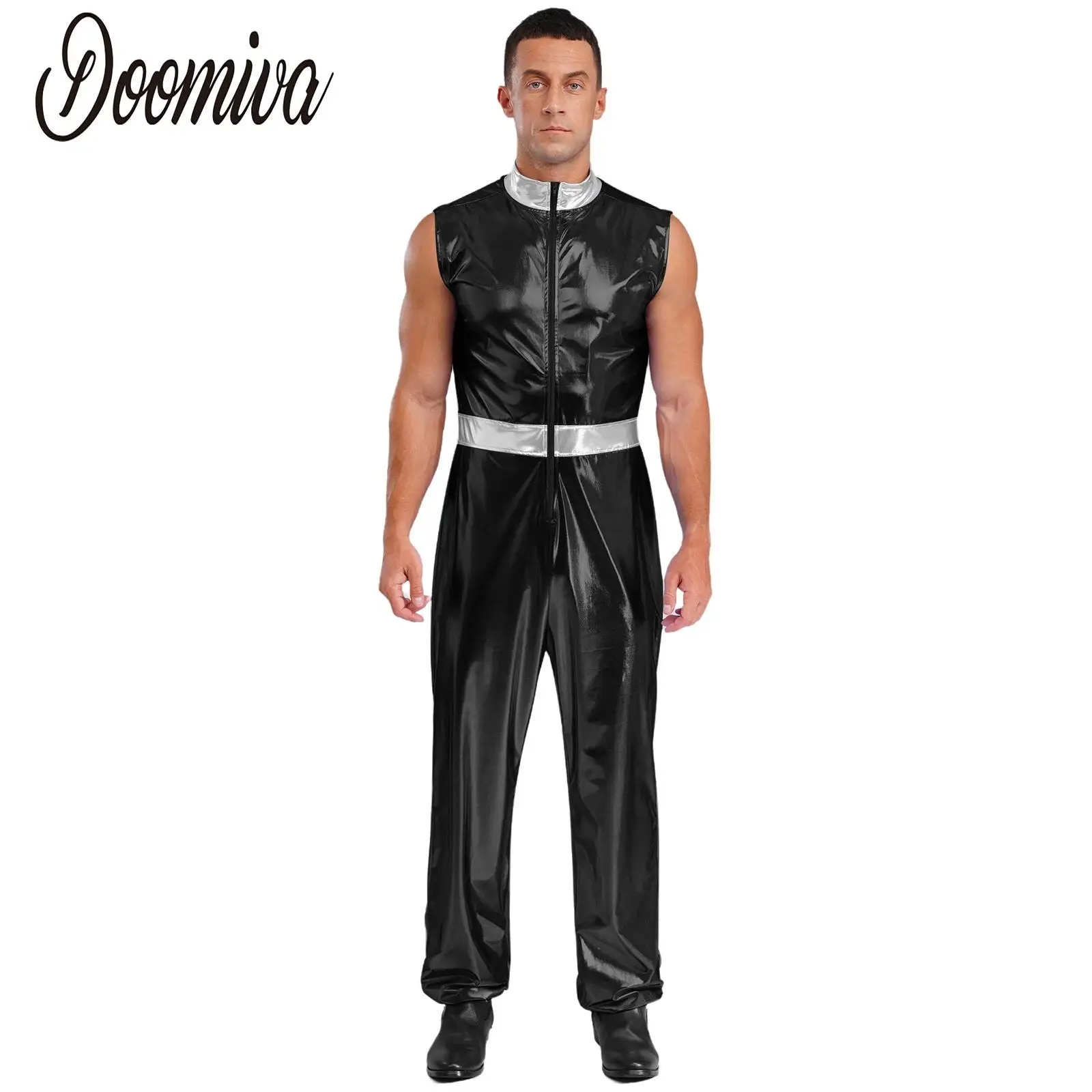

Men Astronauts Dress Up Costume Jazz Dancewear Metallic Jumpsuit Sleeveless Full Length Zipper Bodysuit Club Performance Costume