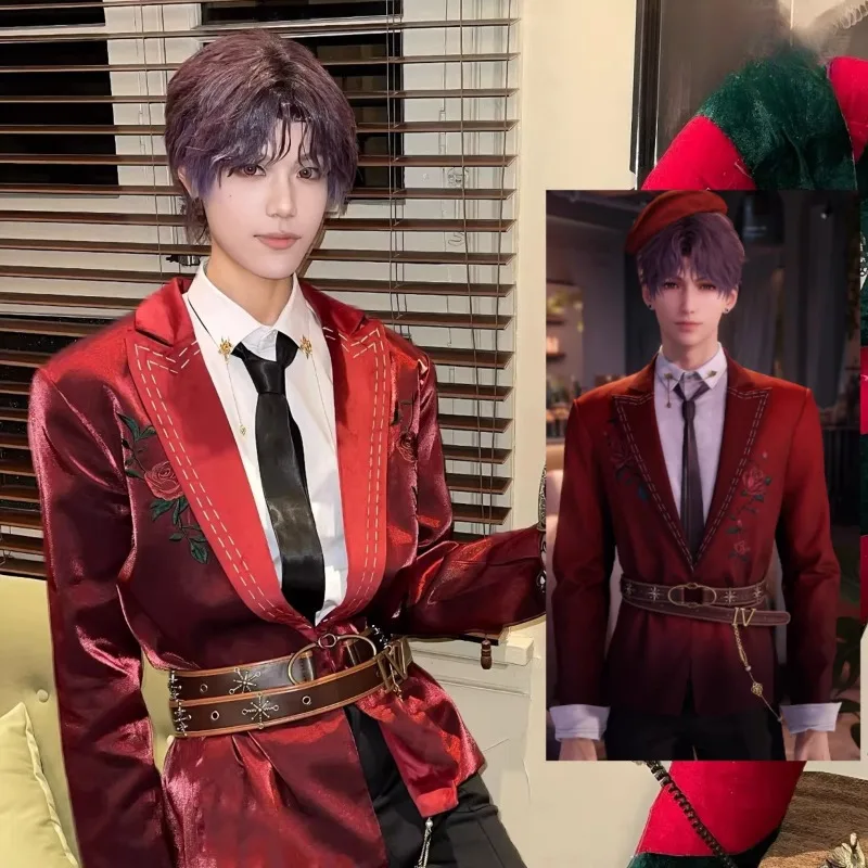 

Game Love and Deepspace Cos Rafayel Cosplay Rose Red and Black Suit Coat Accessories Suit Men Halloween Party Roleplay Costume