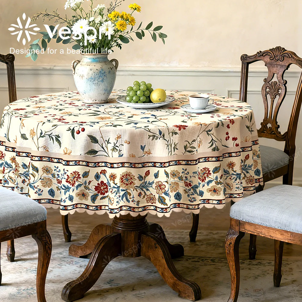 Vespri Spring, Wood Grain, Mediterranean Style Tablecloth, White and Beige Decorations, Flowers and Checks