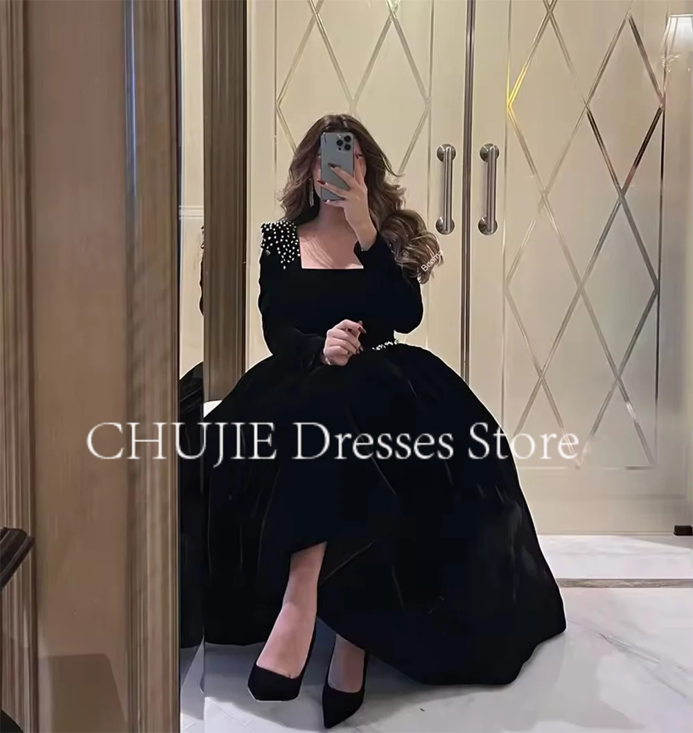 Robe de Soirée Élégante en Velours pour Femme Arabe Saoudite, Tenue de Bal Personnalisée à Manches sulfavec Perles et Paillettes