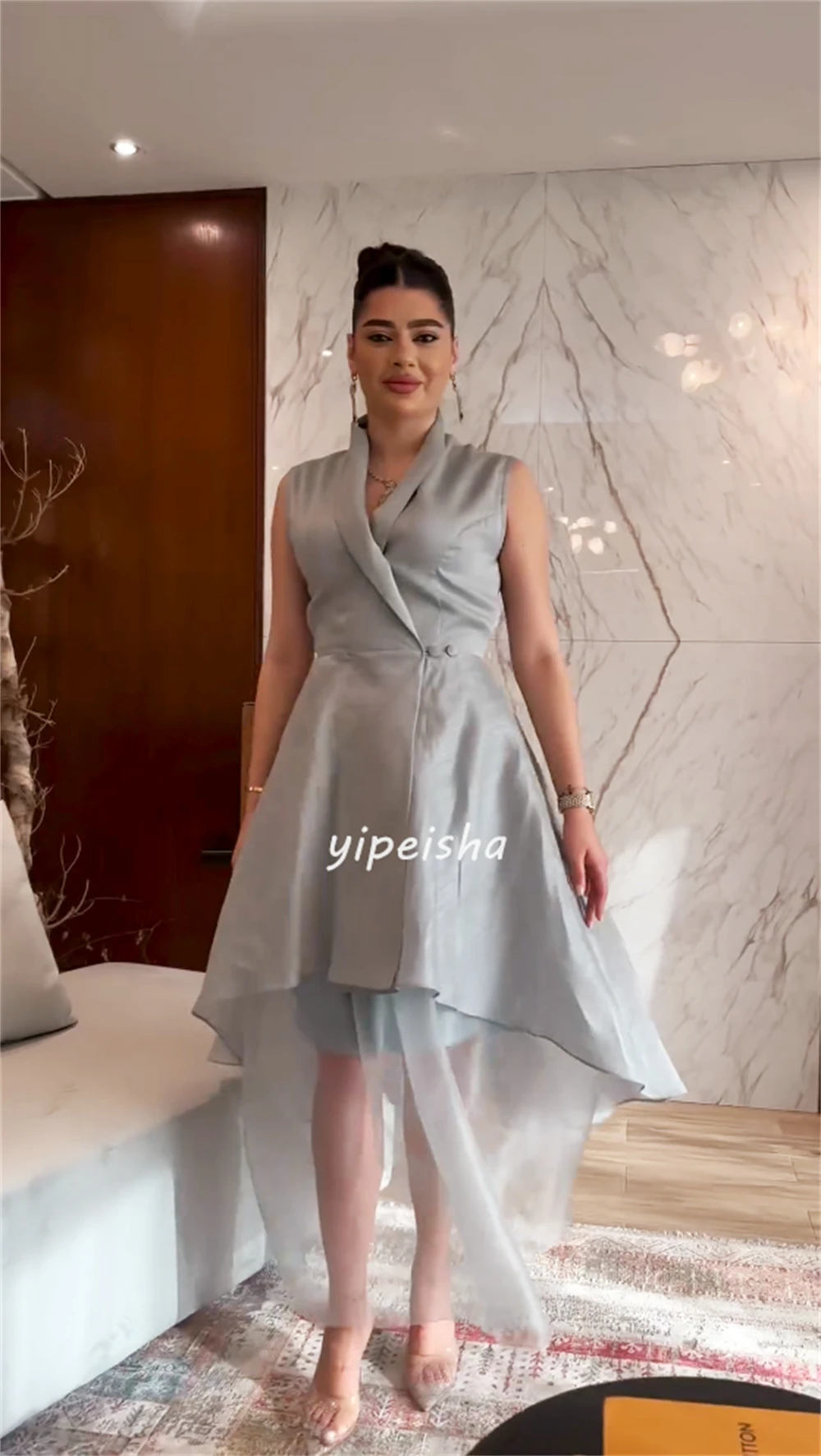 Simple Chinese Style Button Pleat Ruched A-line V-neck Midi Dresses Celebrity Dresses Sizes Available High Quality Matching