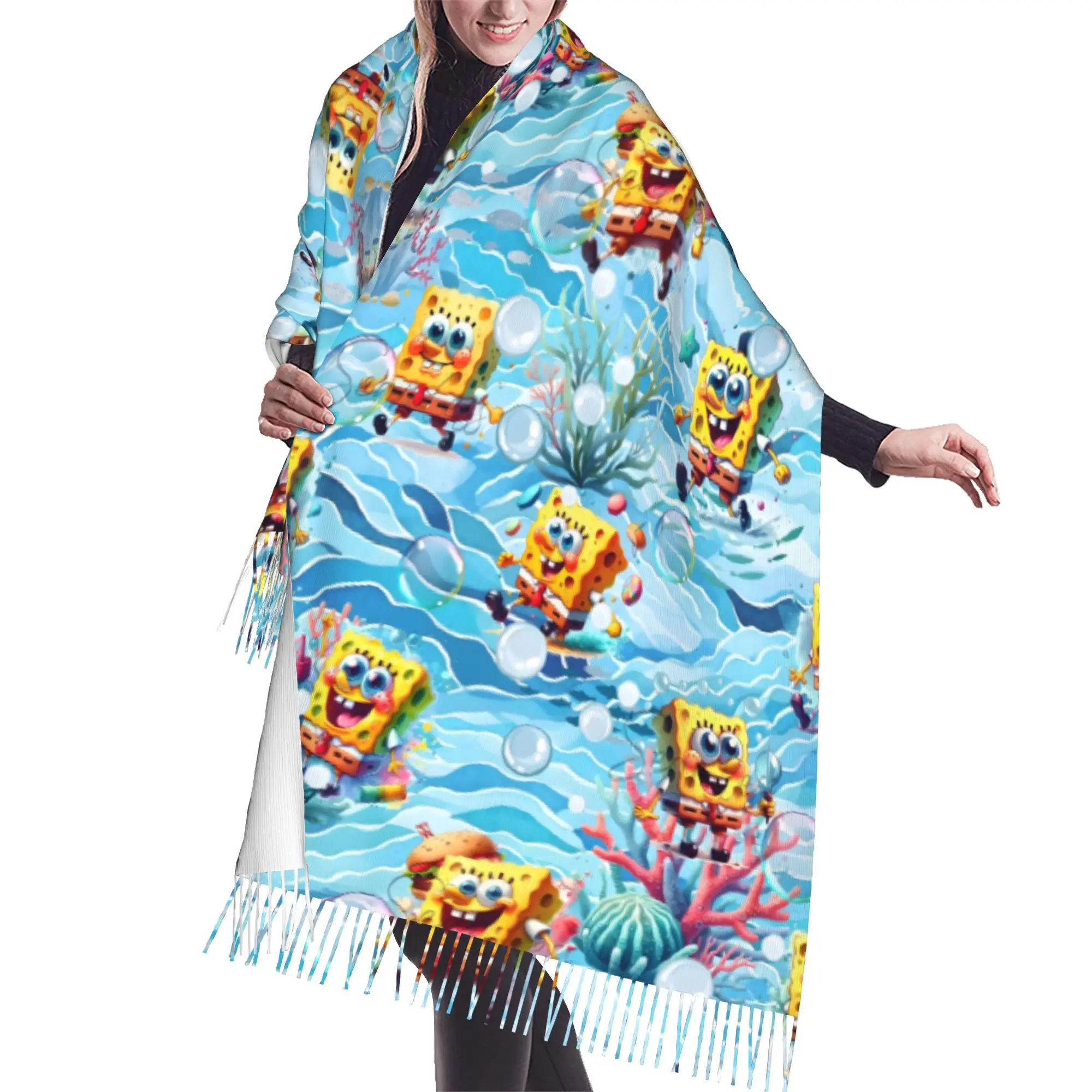 Custom Lady Long S-Sponges Anime Bobes Scarves Women Winter Soft Warm Tassel Shawl Wraps Starfish Cartoon Scarf