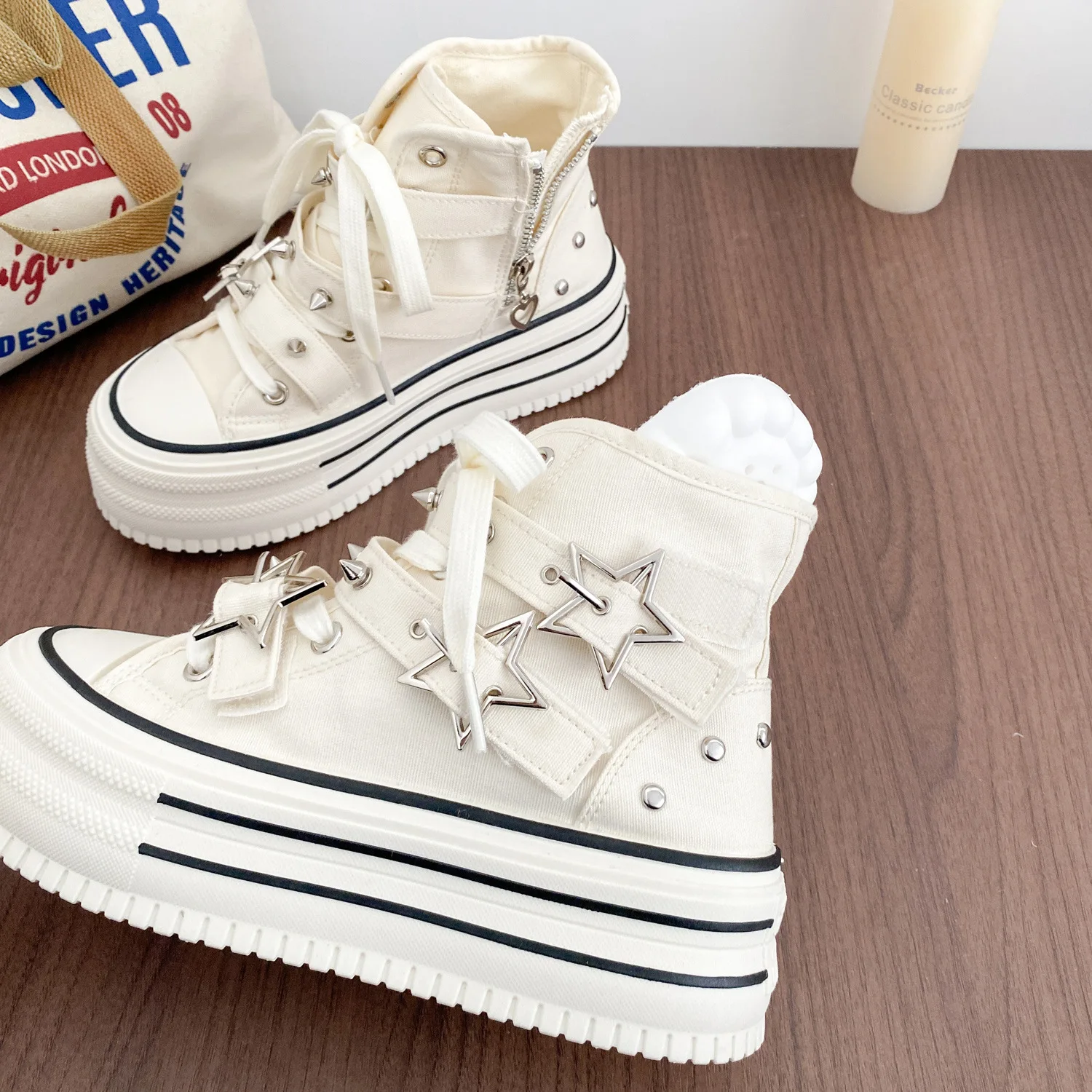 2026 New Fashion Women Canvas Ankle Boots Pink Female Sneaker High Top Black Thick Sole 5Cm Casual Shoes Rivet Buckle Spring image 5