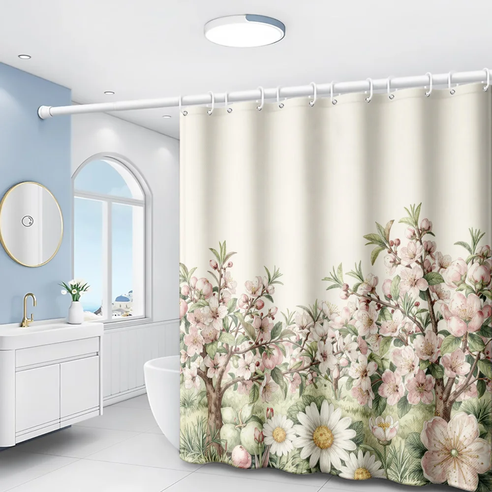 1pc Pastoral Style Floral Pink Bloom Fresh Natural Print Shower Curtain, Bathroom Home Decor Shower Curtain with Free Plastic Ho
