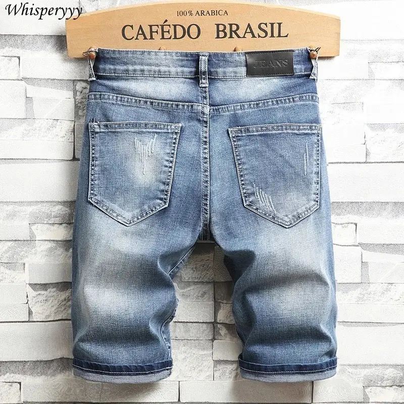 ウルフヘッド刺繍デニムショーツメンズストリートカジュアル 5 点パンツヒップホップ夏弾性スリムジーンズミドルパンツ男性