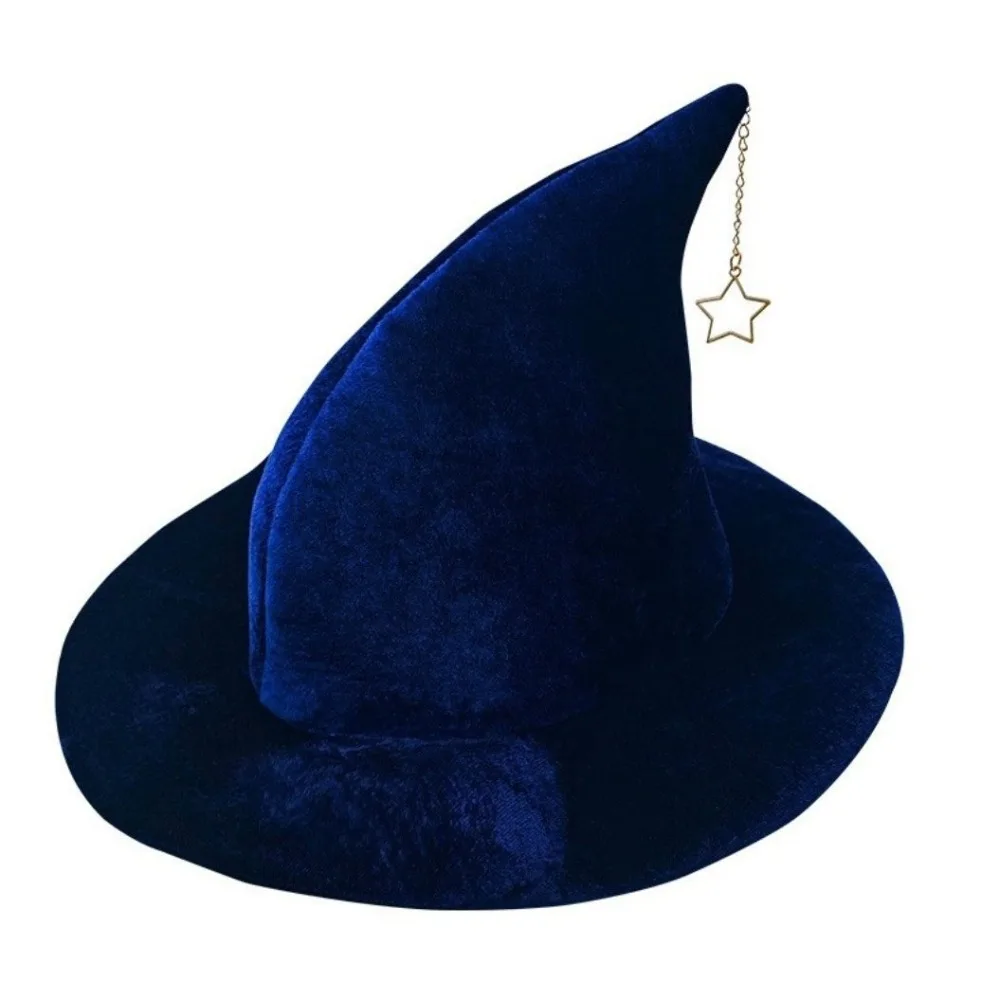 Portable Solid Color Witch Hat Korean Style Star Pendant Wool Bucket Hat Foldable Wizard Cap Halloween Hat Girl
