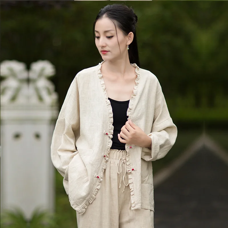 Printemps automne coton lin ample Style chinois Blouse femme surdimensionné coton lin ouvert Cardigan à manches longues femmes chemise haute