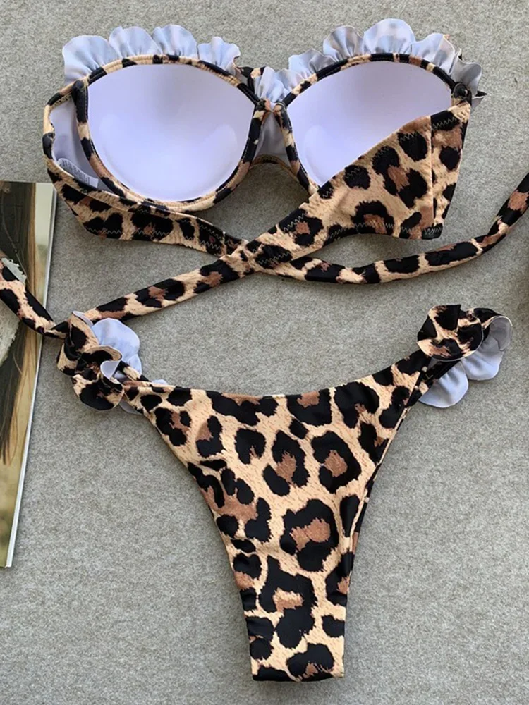 Swimwear Bikini Set Sexy Leopard Strapless Bikini 2 Piece Set Women Split Swimsuit High Waist Beach Style Bikini Summer