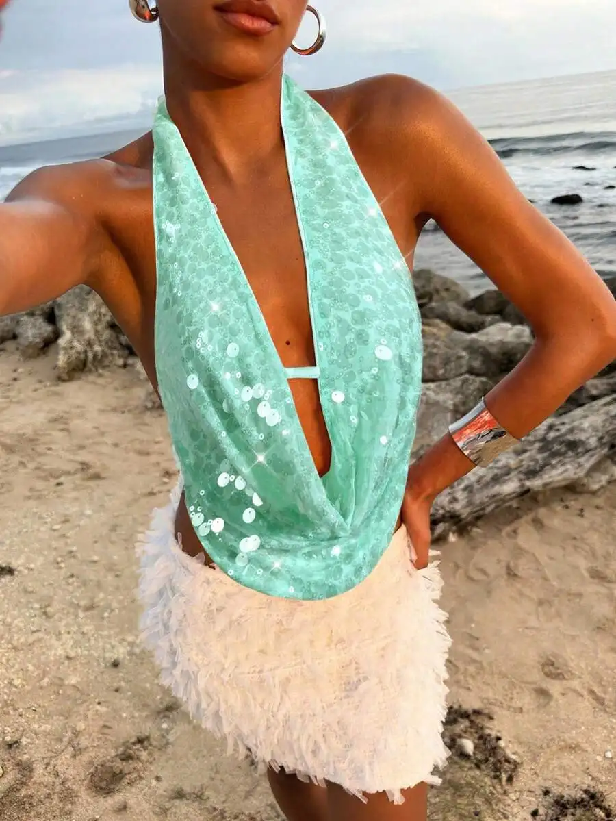 

Mint Green Sequin Halter Top With Deep V Neck And Asymmetrical Hem For Women Party Beach Wear