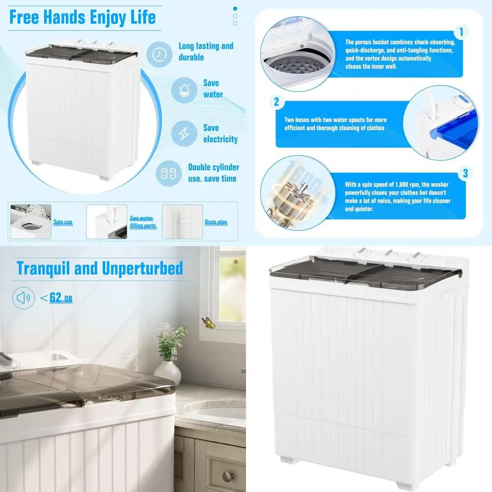 

Компактная мини-стиральная машина с двумя баками, 28 фунтов, с таймером, полуавтоматическая, для общежитий и квартир, серая