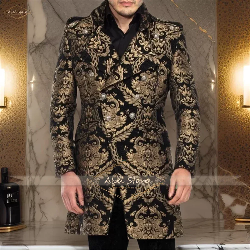 

Men's luxury style double-breasted lapel gold jacquard coat + black trousers 2-piece suit, men's royal court style