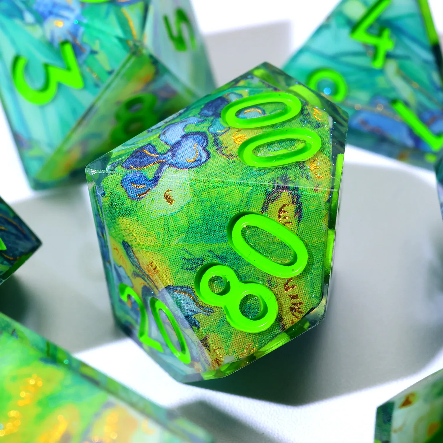 Sharp Edge Resin DND Dice Set,Spring Theme Oil Painting Full Cover Polyhedral Dice,RPG Dice for Dungeons and Dragons-F14