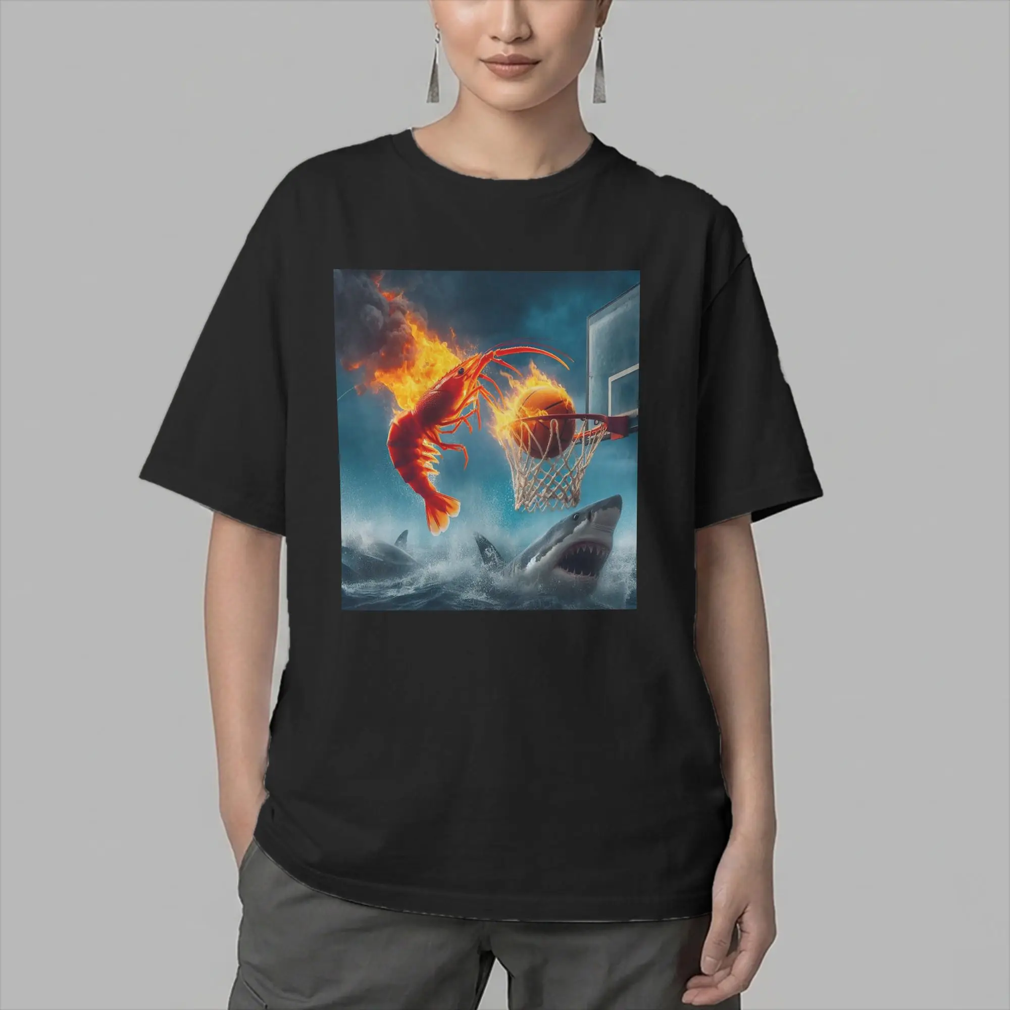Shrimp Dunking on Shark Meme  Men T Shirt  Fun Tee Shirt Short Sleeve Crewneck T-Shirts Pure Cotton Big Size Clothes