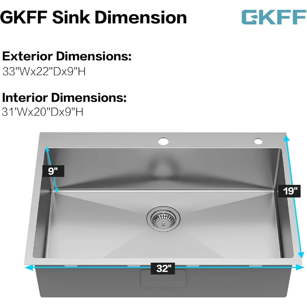 Drop in Kitchen Sink Topmount 16 Gauge S304 Stainless Steel Kitchen Sinks Handmade Modern Single Bowl Deep Sink with Accessories