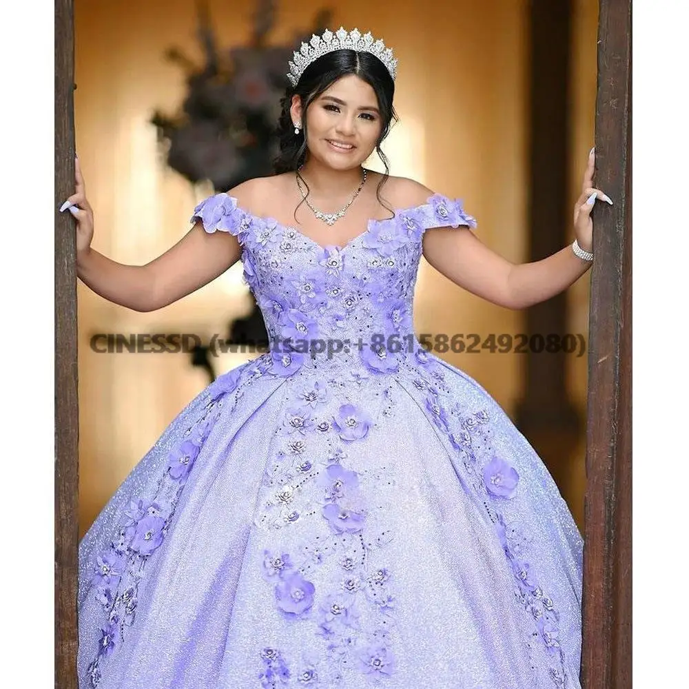 Gaun 3D penuh warna dari bahu manis 15 gaun Quinceanera gaun korset kristal gaun pesta topeng