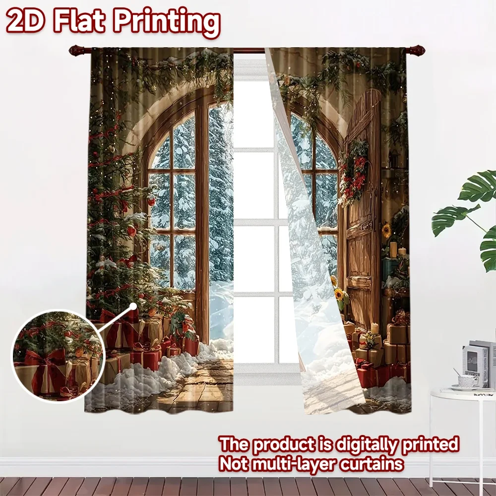 2D flat 2pcs Curtain Vintage drapes and curtains Christmas Snowy Cottage Door Digitally printed polyester Party & Holiday Decor