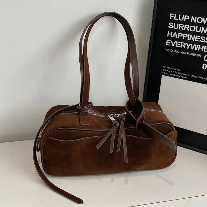 

Zipper Brown Retro Shoulder Bag Women High Capacity Casual Tote Bag Faux Suede Commuter Underarm Bag Luxury Designer Bag Female