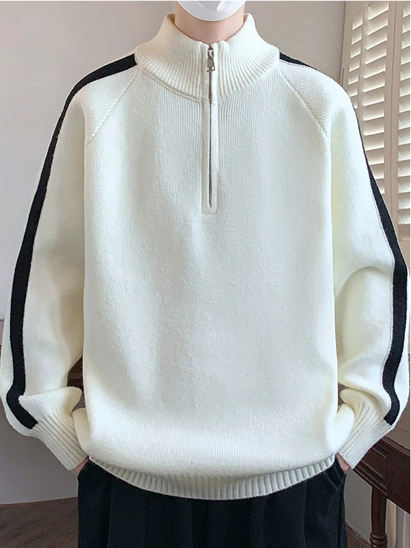Thickened Half Zipper Knitted Sweater for Teens Autumn Winter New Style Middle School Students Stand Collar Base Shirt Men's ...