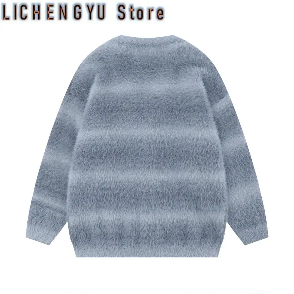 Hip Hop Striped Plush Thickened Men's Cardigan V-neck Fashionable Casual Loose Sweater Couple Streetwear Loose Knit