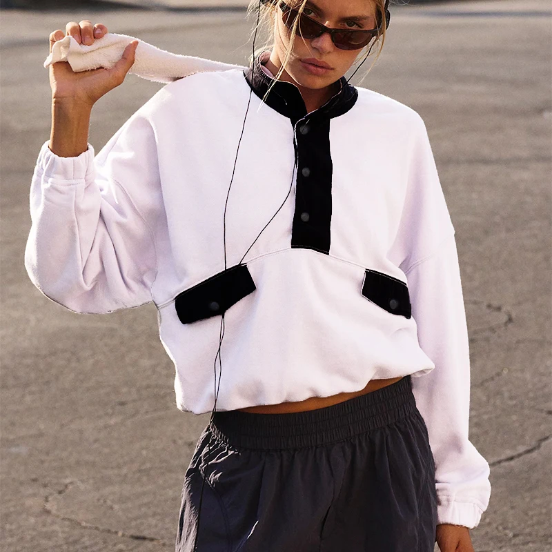 الأوروبية والأمريكية الرجعية المتناقضة الوقوف طوق هوديي للنساء الخريف فضفاضة نمط غير رسمي بأكمام طويلة #1