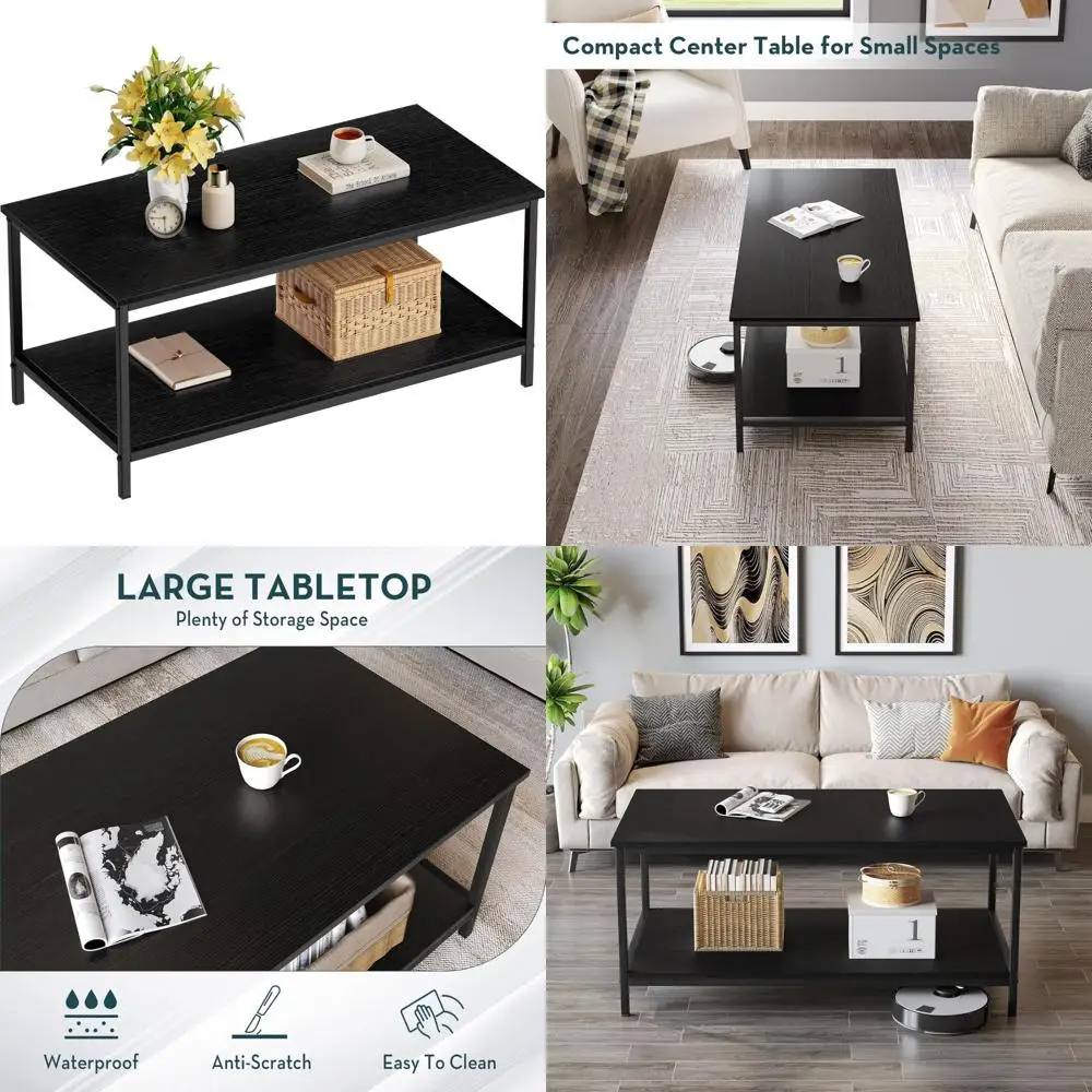 

Modern Rectangular 2-Tier Coffee Table with Storage for Living Room, Industrial Style Wood Center Table