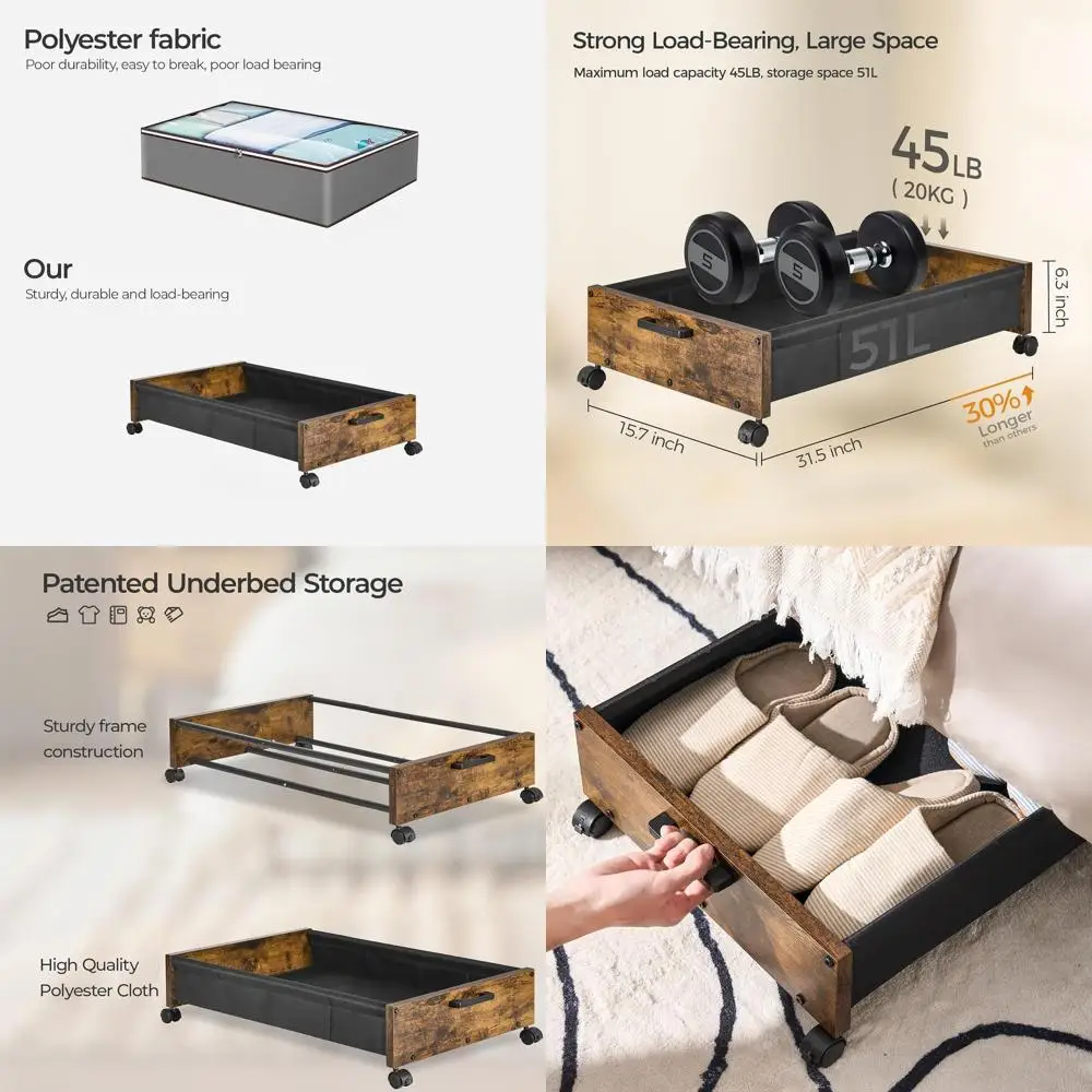 

Rolling Wooden Underbed Storage Box with Wheels, Rustic Brown, 50L Capacity for Space-Saving
