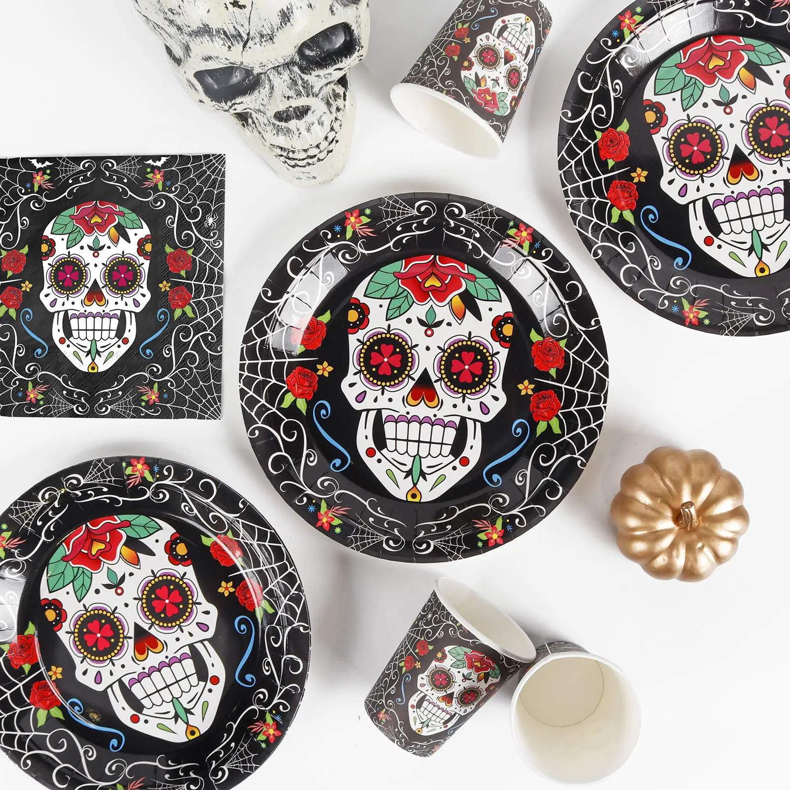 The Day of the Dead Party Supplies Disposable Paper Plate, Paper Cup, Tissue Set, Flower Skull Halloween Utensils